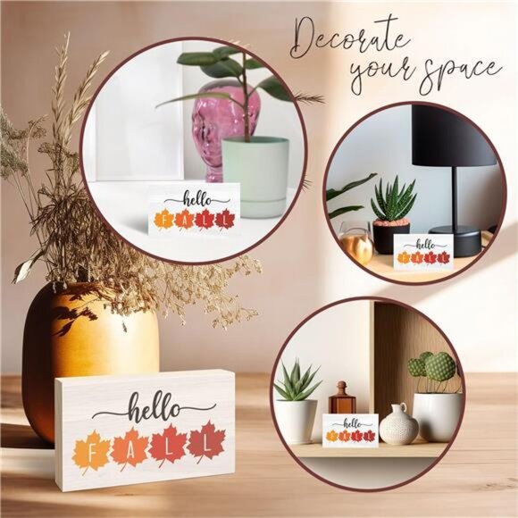 Hello Fall Wooden Block Sign - Watercolor Maple Leaf - Thanksgiving Pine Wood - Picture 3 of 5